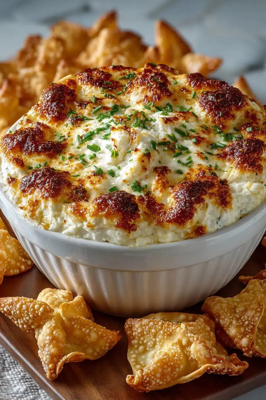 Delicious Crab Rangoon Dip served with crispy wontons on a platter