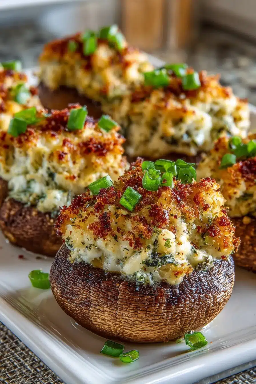 Classic Retro Crab Stuffed Mushrooms Appetizer ready to serve