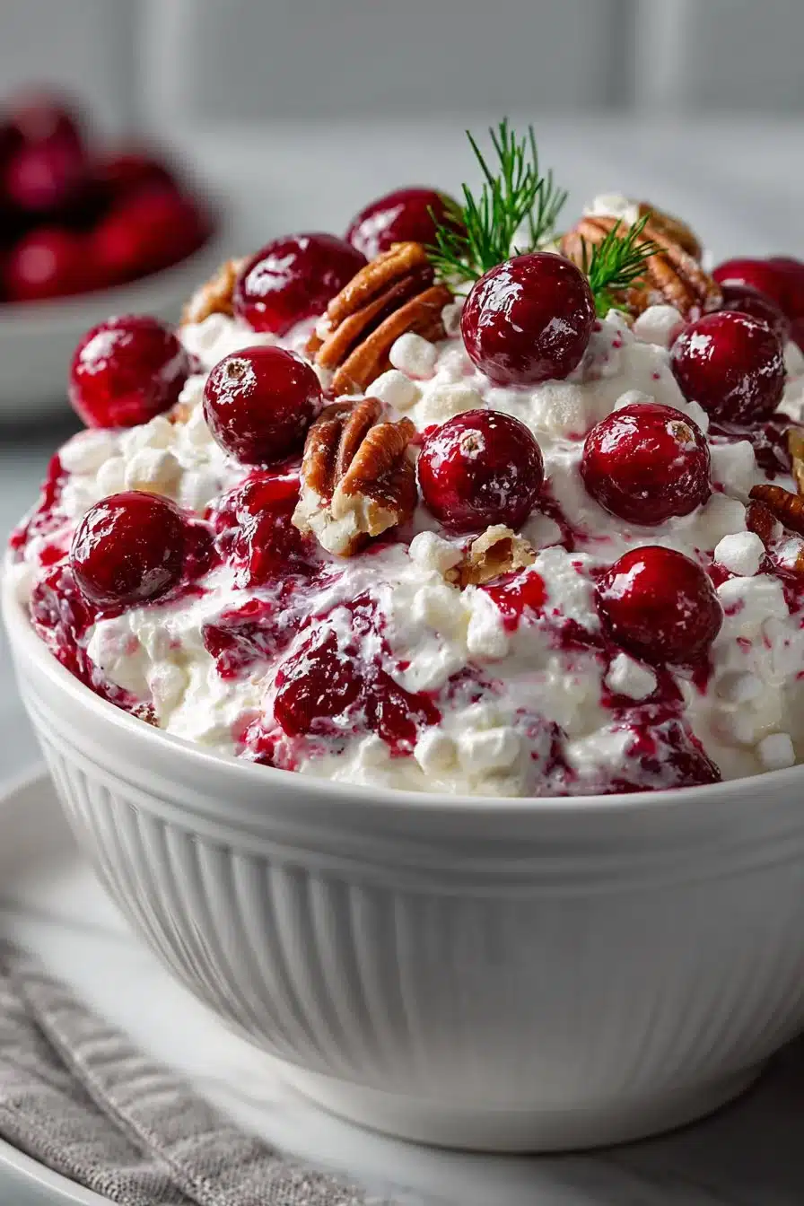 Classic Retro Cranberry Fluff Salad Dessert with whipped cream and cranberries