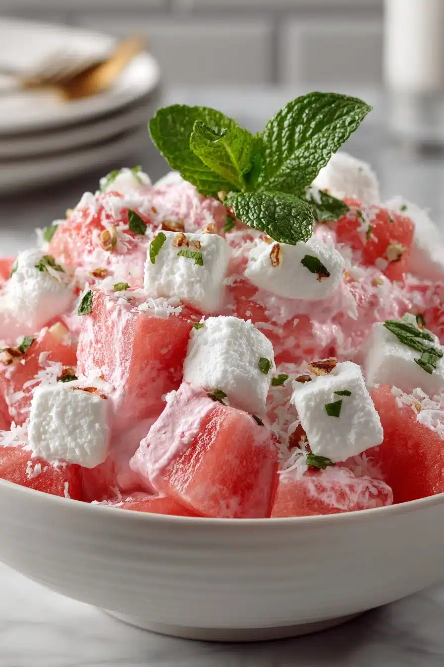 Classic retro pink watermelon fluff dessert salad in a serving bowl