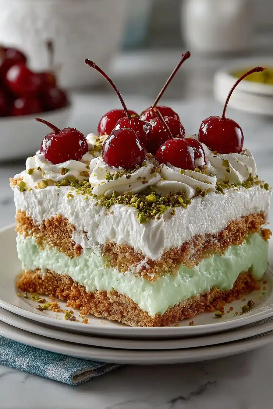 Classic retro pistachio pudding icebox cake topped with pistachios.