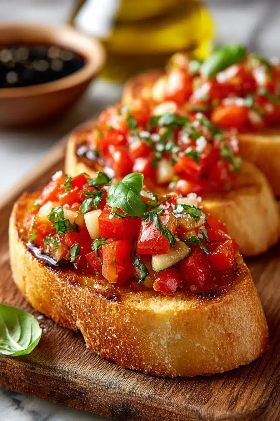 Classic roasted garlic bruschetta crostini appetizer on a plate