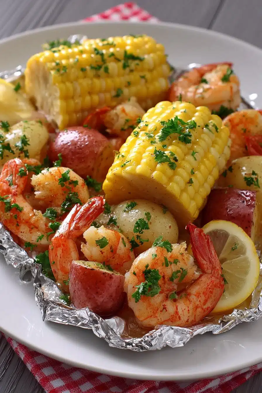 Classic shrimp boil foil packets ready for a delicious meal.