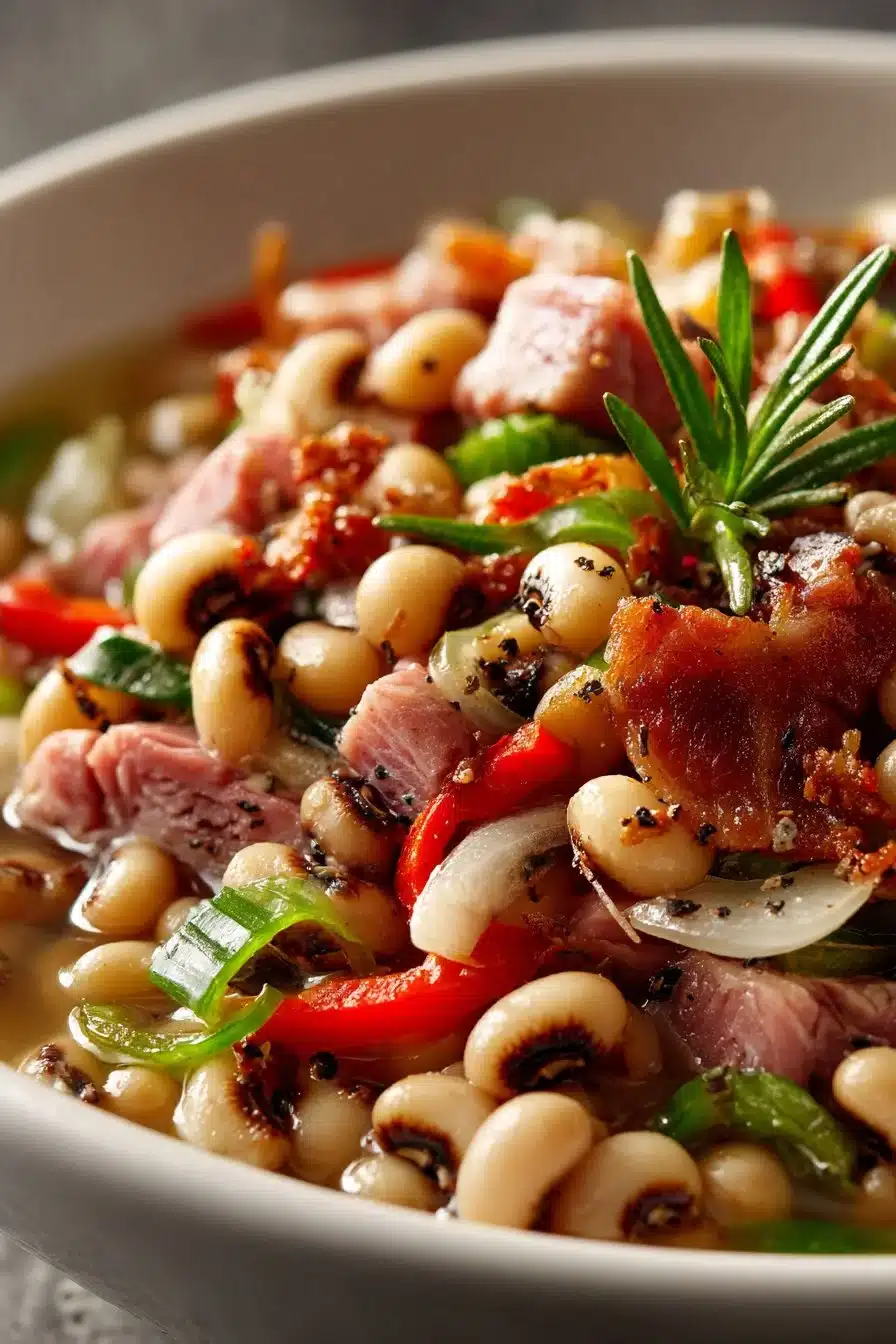 Bowl of Classic Southern Black Eyed Peas with Ham Hock garnished with herbs