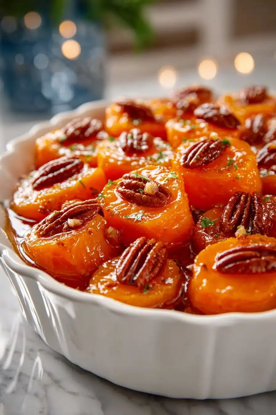 Classic Southern candied sweet potatoes topped with pecans dish
