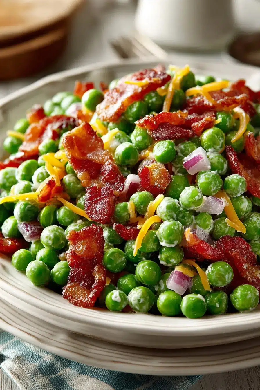 Classic Southern pea salad with bacon served in a bowl, showcasing fresh ingredients.