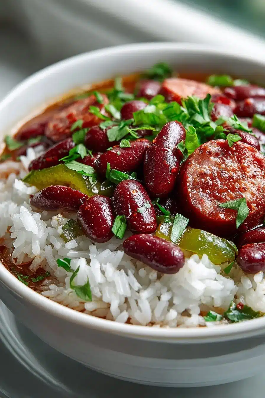 Classic Southern red beans and rice with sausage served in a bowl