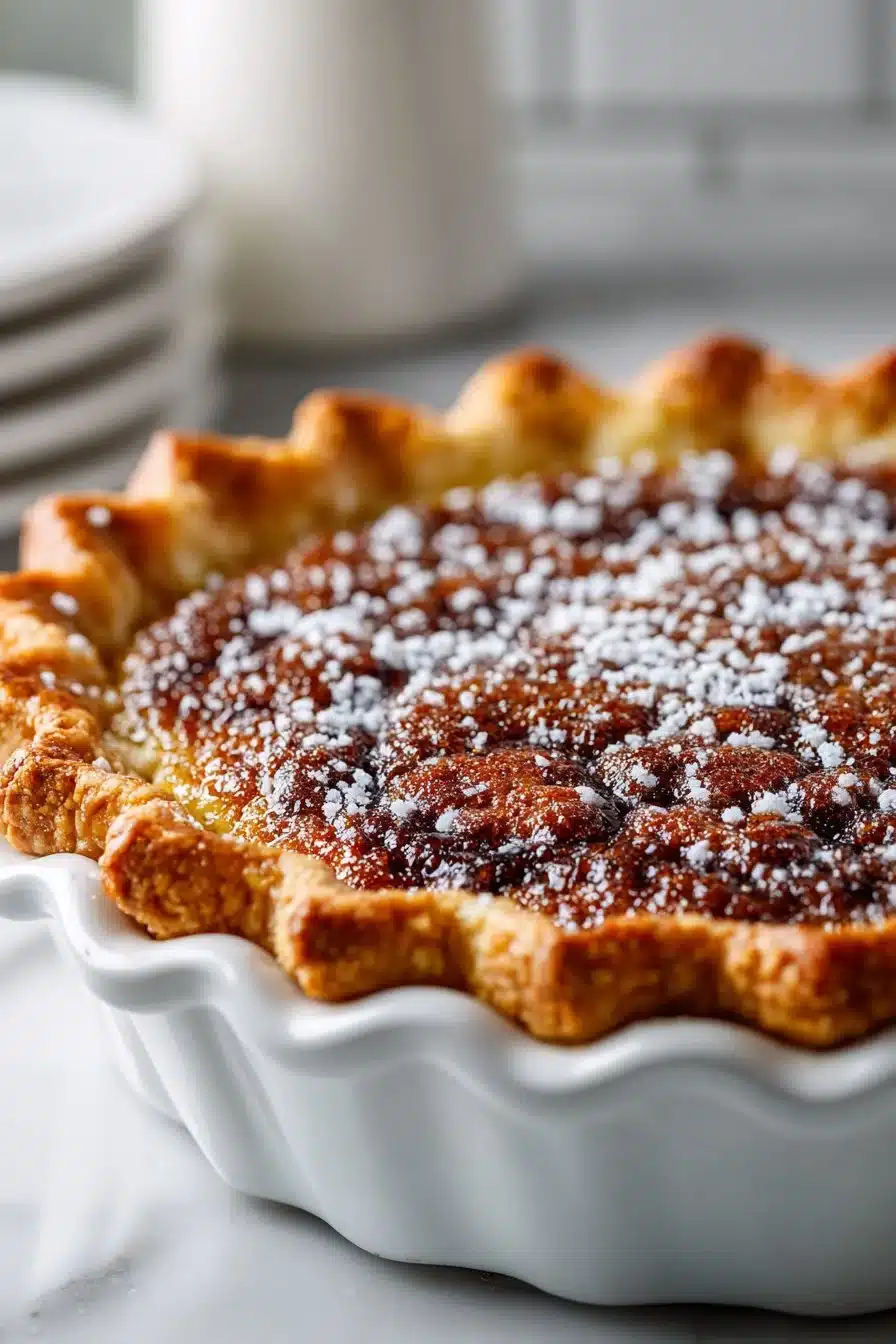 Delicious homemade classic Southern shoofly pie on a rustic wooden table.