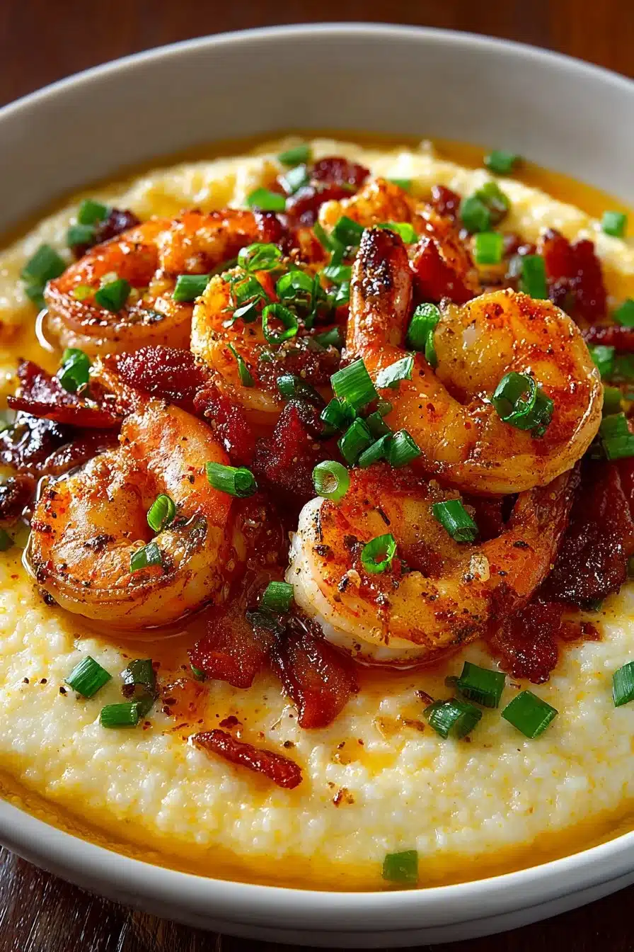 Bowl of classic Southern shrimp and grits garnished with green onions