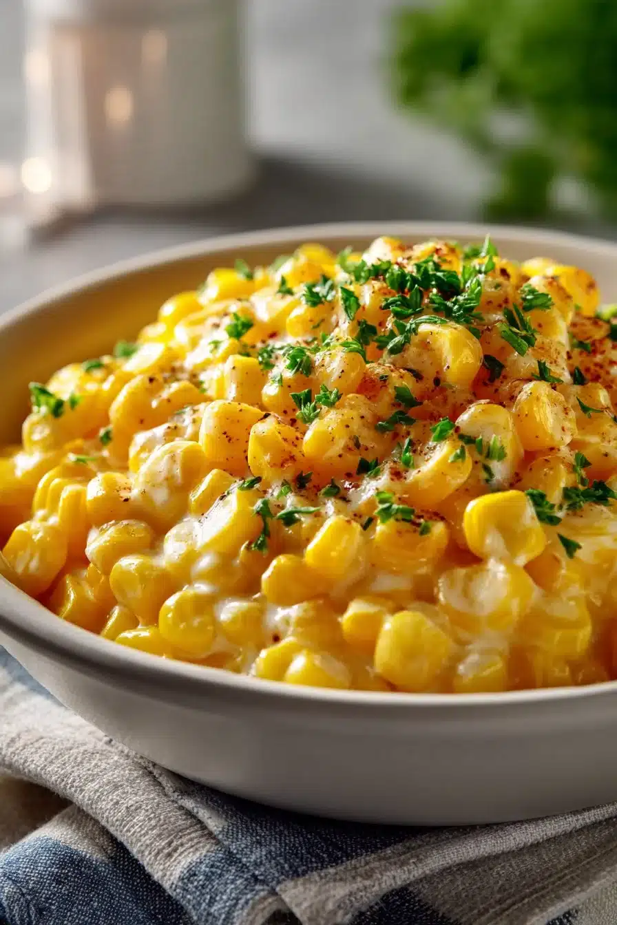 Bowl of classic Southern style creamed sweet corn served as a side dish