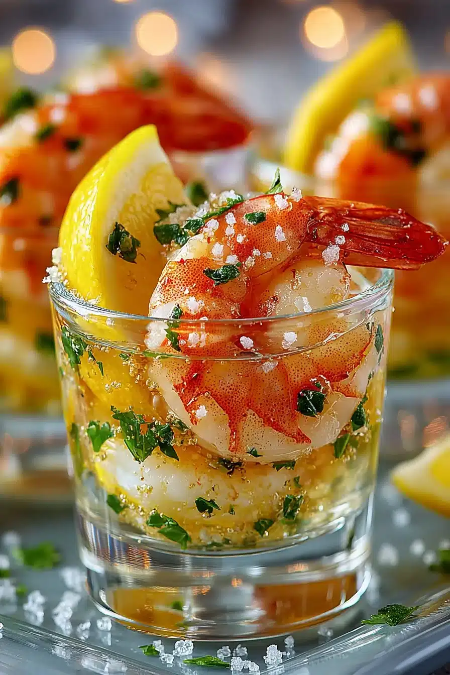 Delicious shrimp cocktail shooters served in elegant glasses