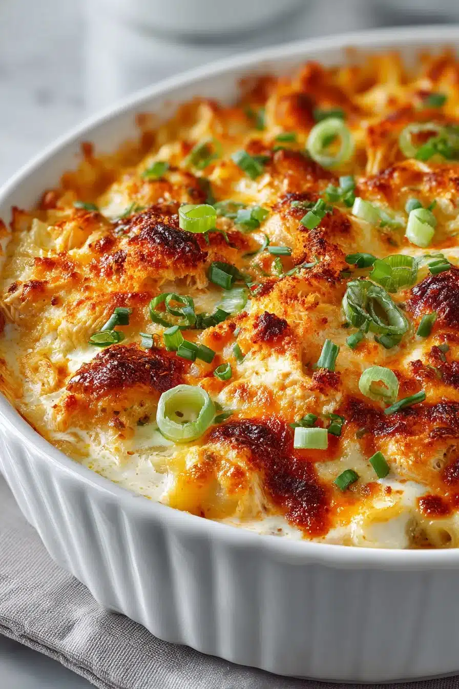 Comforting Baked Buffalo Chicken Casserole with melted cheese on top