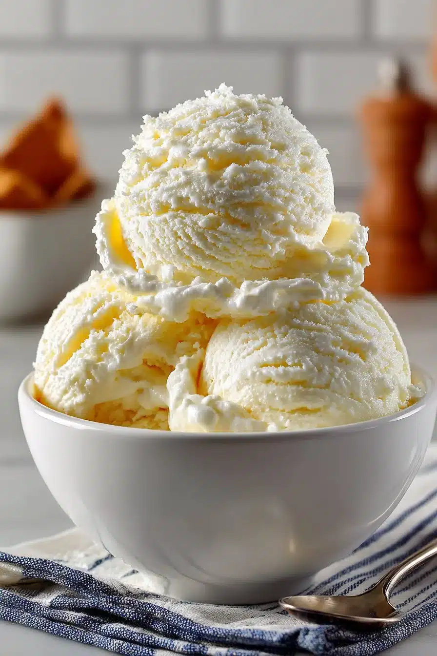 Creamy Churned Homemade Vanilla Ice Cream Creamy churned homemade vanilla ice cream in a bowl with a spoon