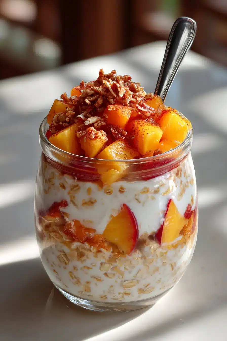 Bowl of creamy cinnamon spiced peach overnight oats topped with fresh peaches