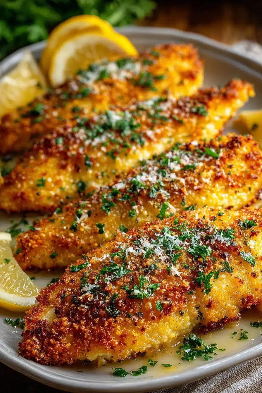 Crispy oven baked Parmesan tilapia served on a plate with lemon wedges.