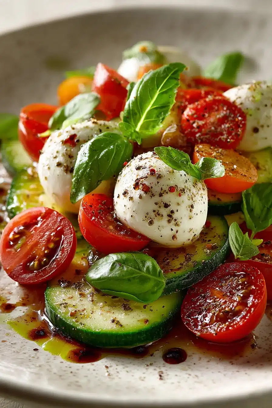 Cucumber Caprese Salad with tomatoes, mozzarella, and basil on a serving plate