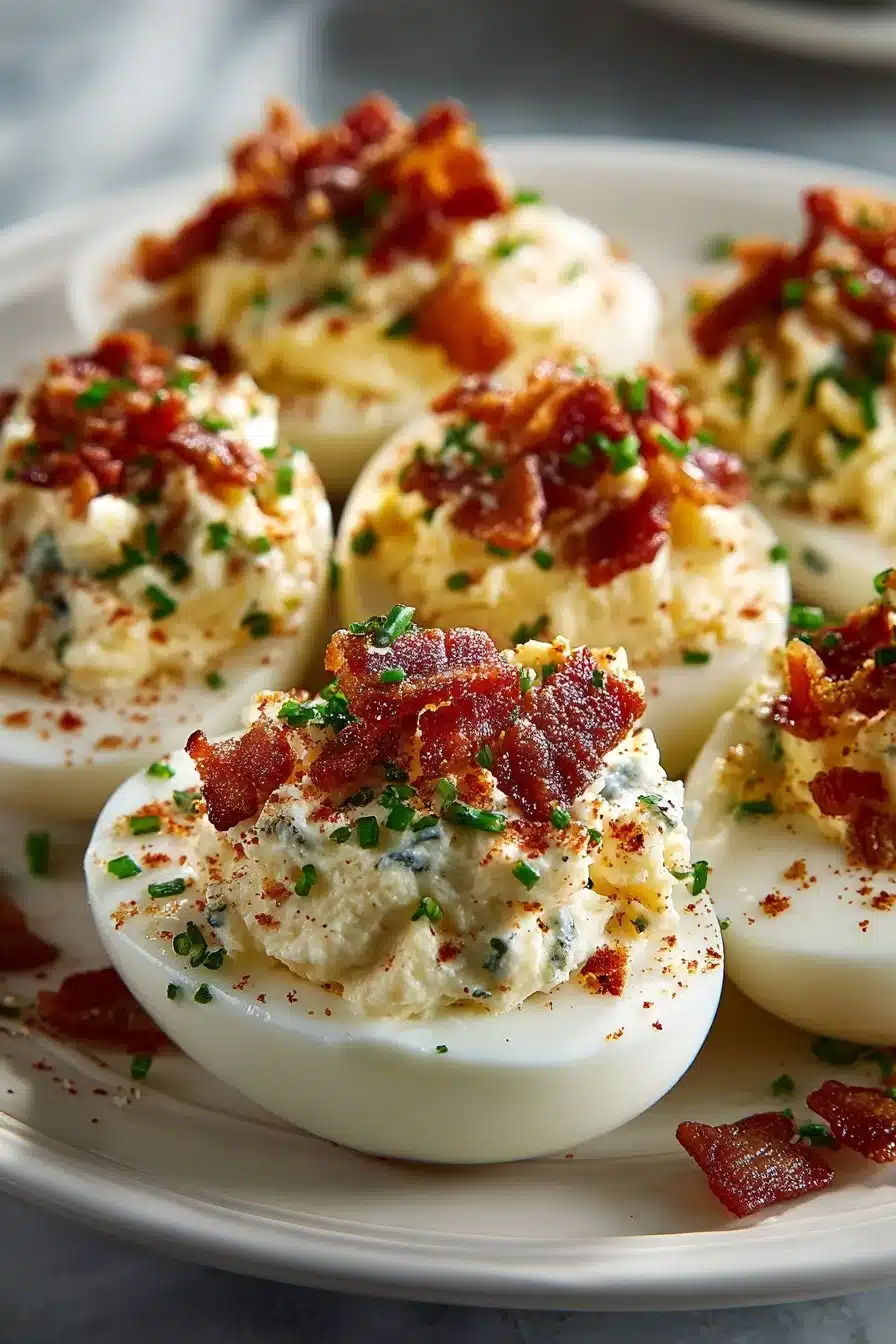 Delicious bacon ranch deviled eggs appetizer on a serving platter