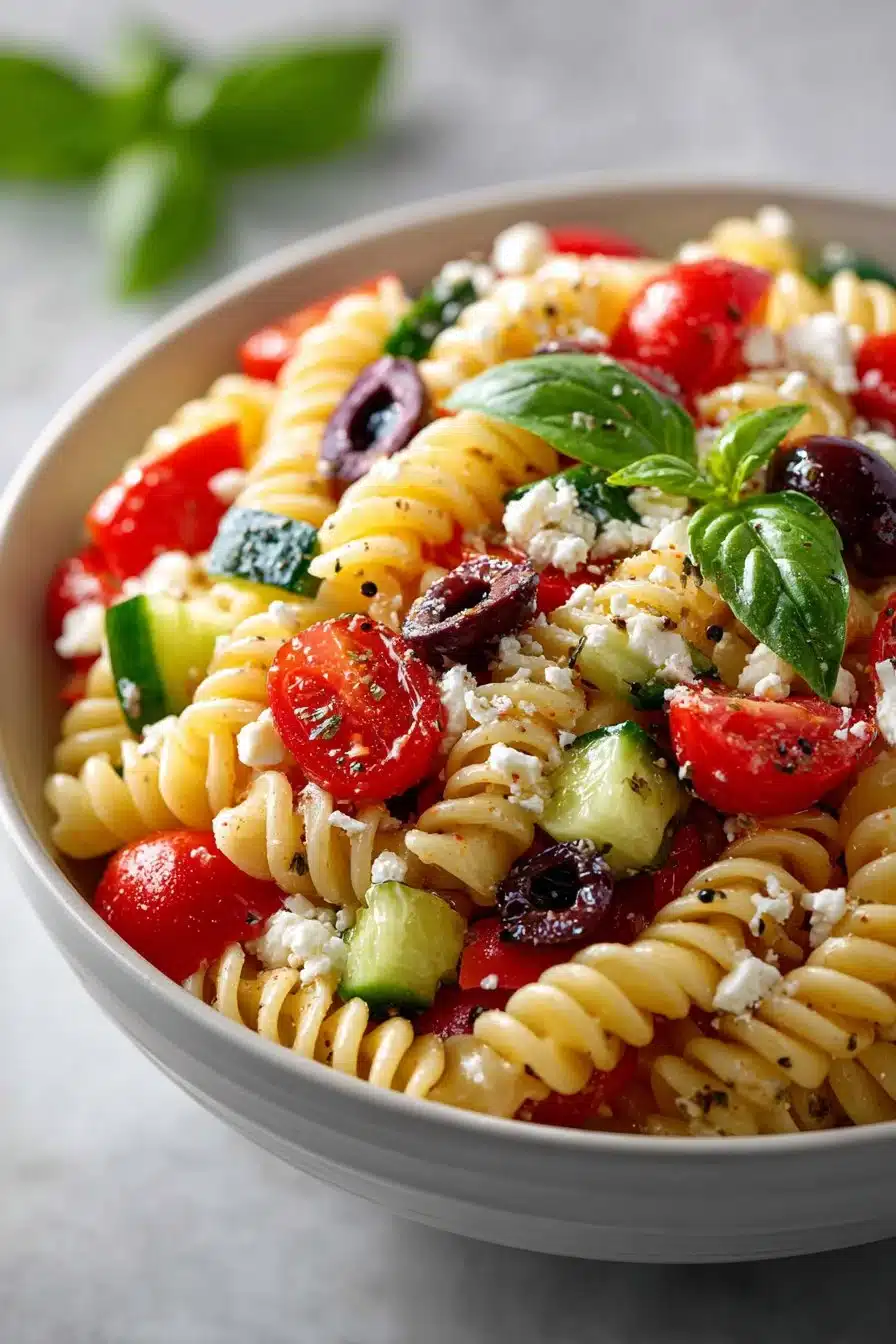 Colorful cups of easy cold summer appetizer pasta salad