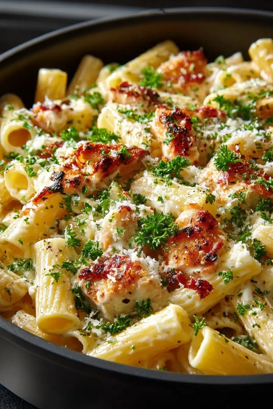 Easy creamy one pot pasta dinner ready to serve in a bowl