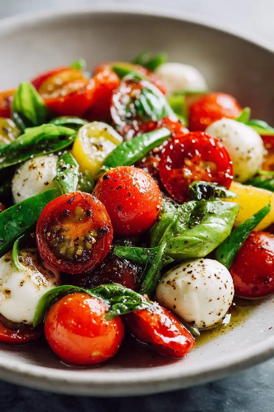 Fresh cherry tomato salad with mozzarella and basil, served in a bowl