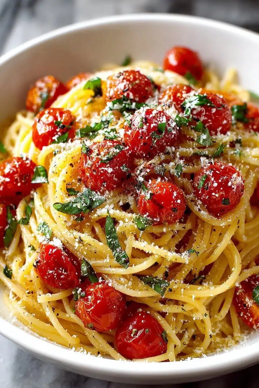 Bowl of easy garlic parmesan cherry tomato pasta toss garnished with fresh herbs