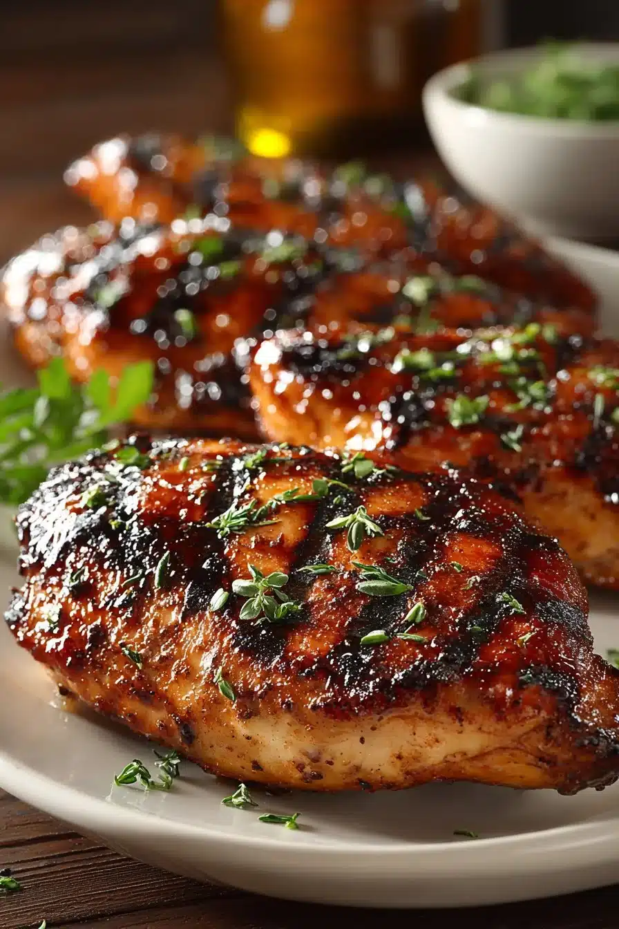 Easy Grilled BBQ Chicken Breasts Deliciously grilled BBQ chicken breasts ready to be served at a summer barbecue.