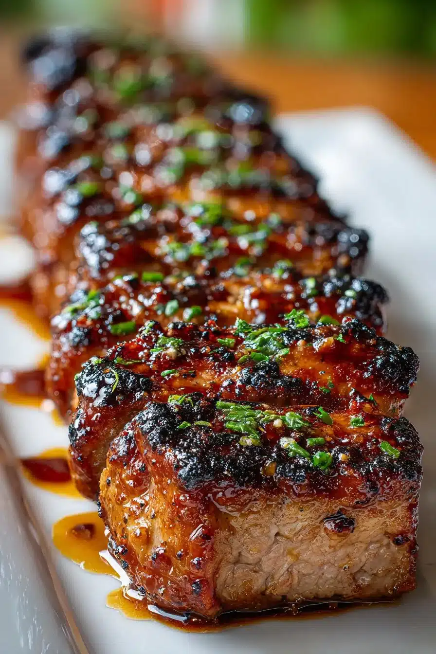 Juicy grilled BBQ pork tenderloin garnished with herbs on a plate.