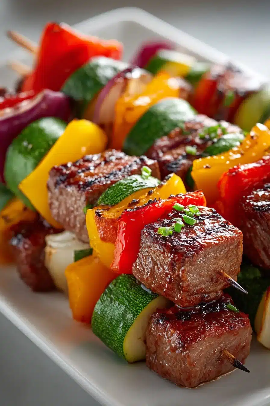 Easy grilled beef kabobs with colorful vegetables on skewers
