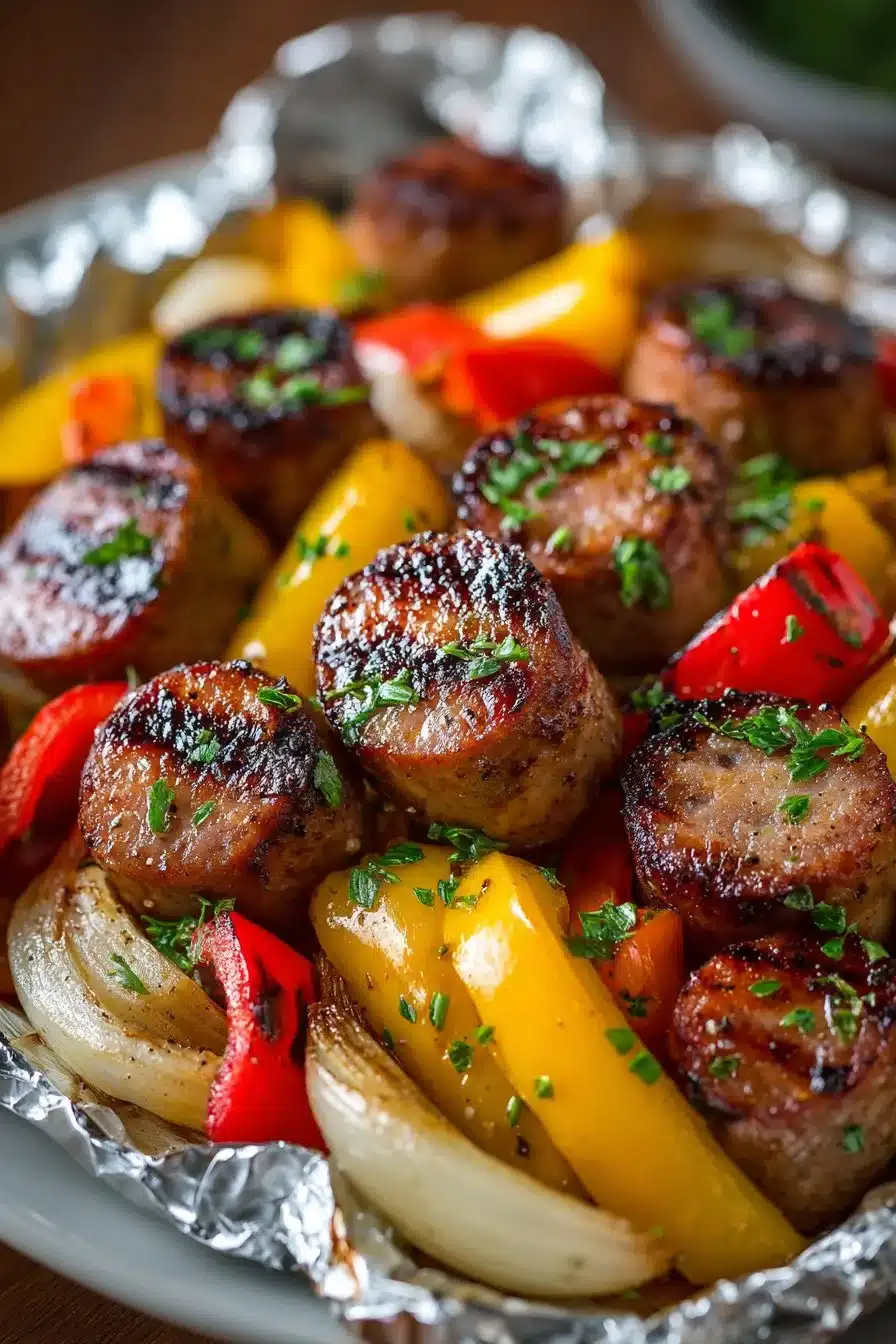 Easy grilled kielbasa foil packets with vegetables on a grill