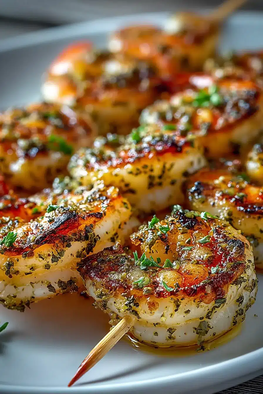 Easy grilled lemon pepper shrimp skewers on a serving plate