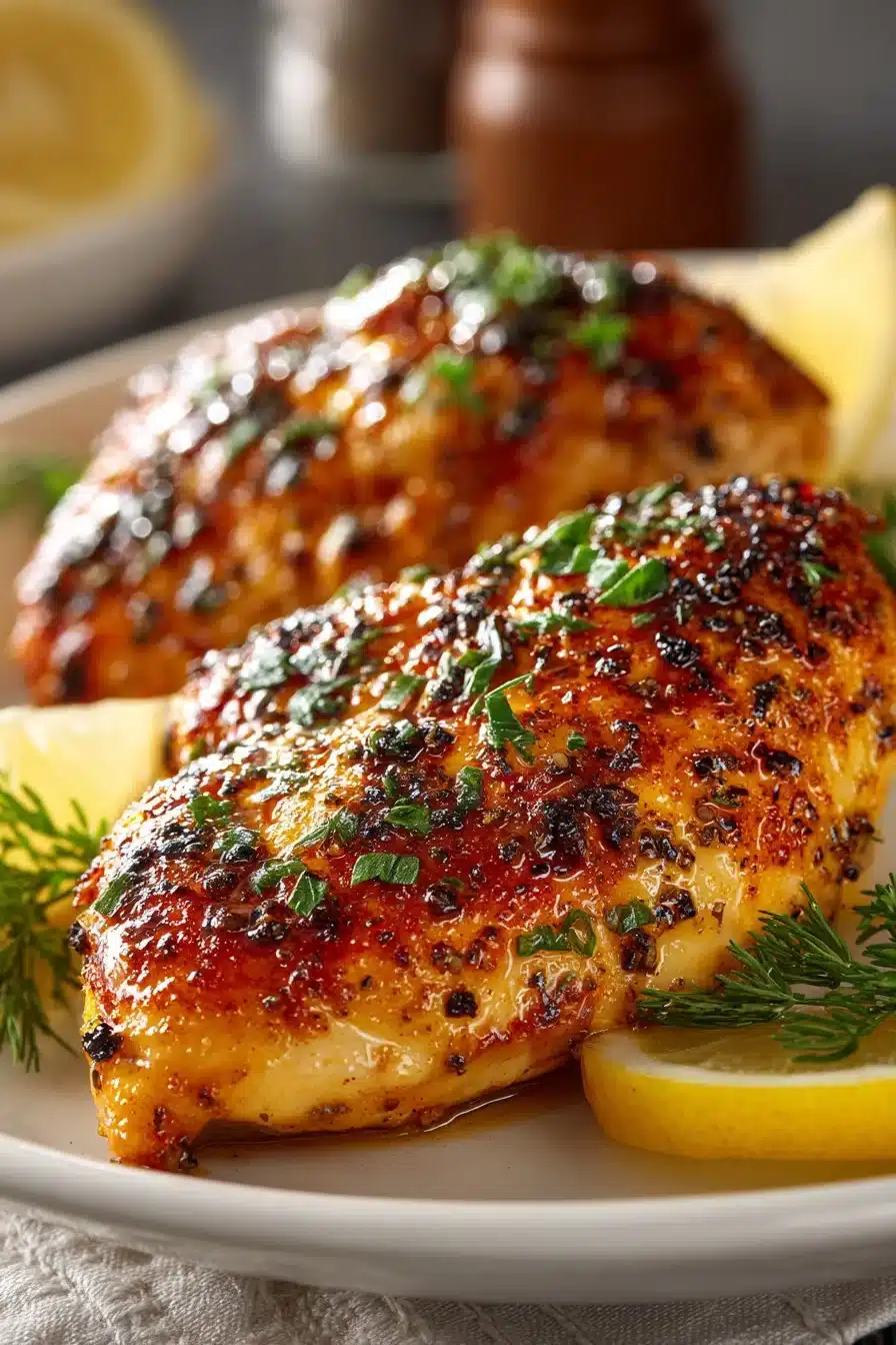 A plate of juicy air fryer chicken served with fresh vegetables and herbs