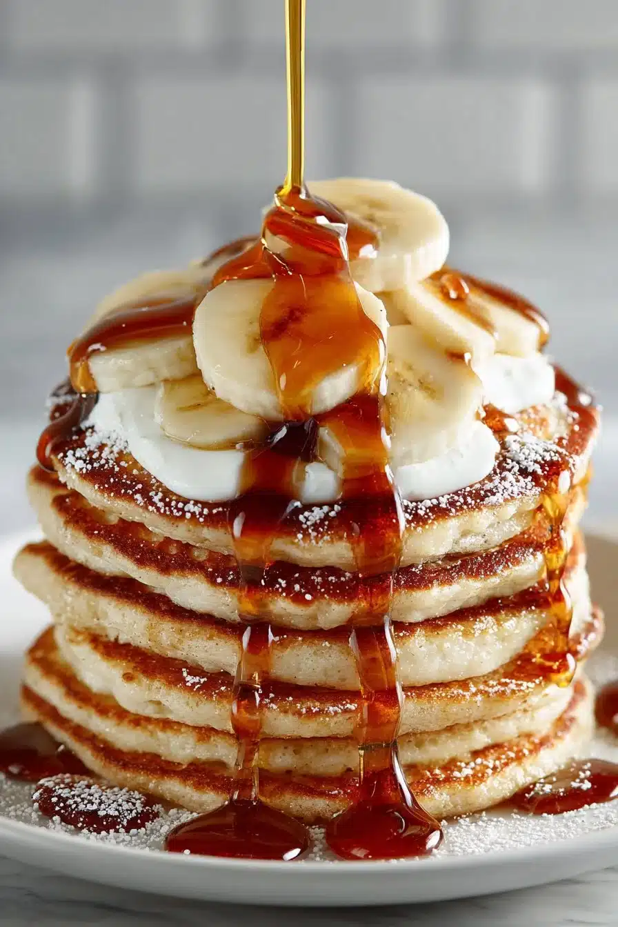 Stack of fluffy Greek yogurt pancakes topped with fresh fruits