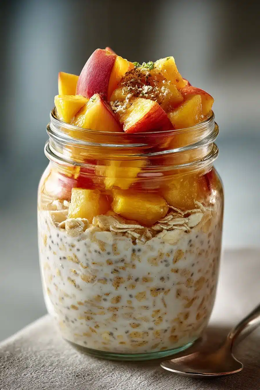 High protein peach overnight oats topped with fresh peaches and almonds.
