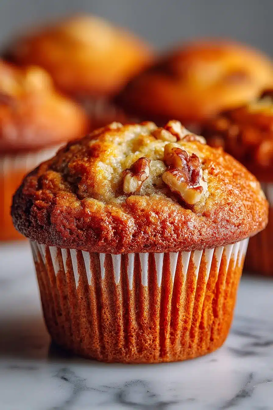 Freshly baked easy homemade banana nut muffins on a rustic table.