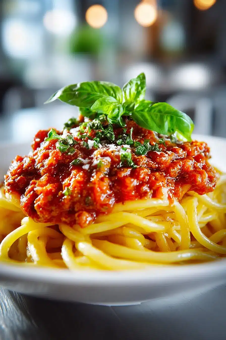 Plate of spaghetti topped with easy homemade pasta sauce.