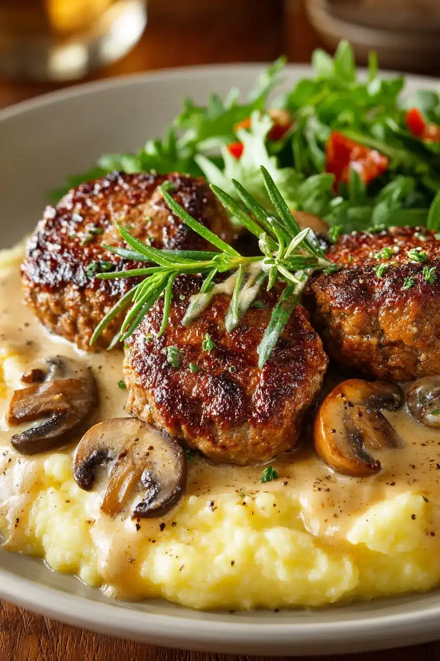 Easy homemade Salisbury steak served with rich gravy and mashed potatoes.