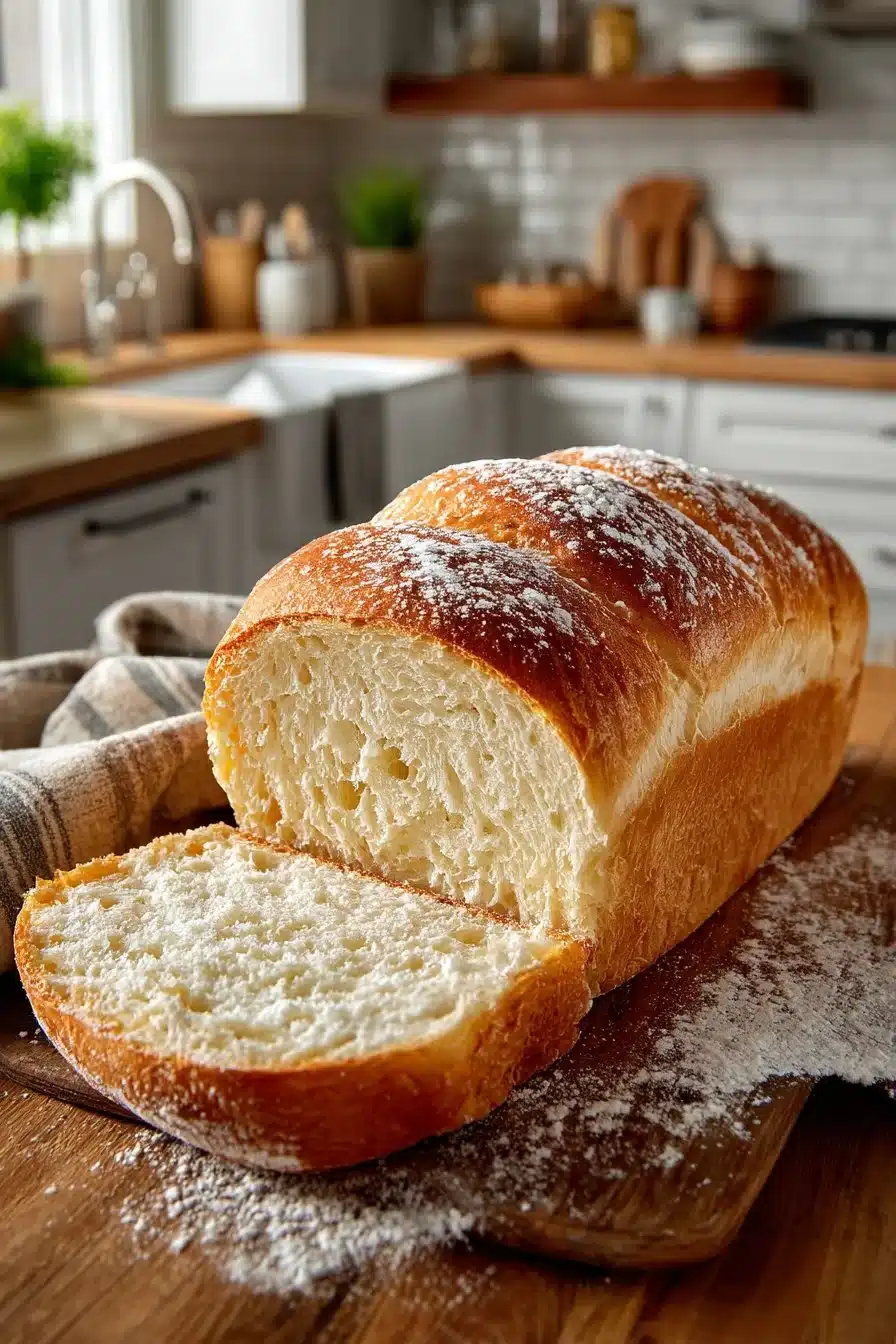 Slice of homemade white sandwich bread on a wooden cutting board