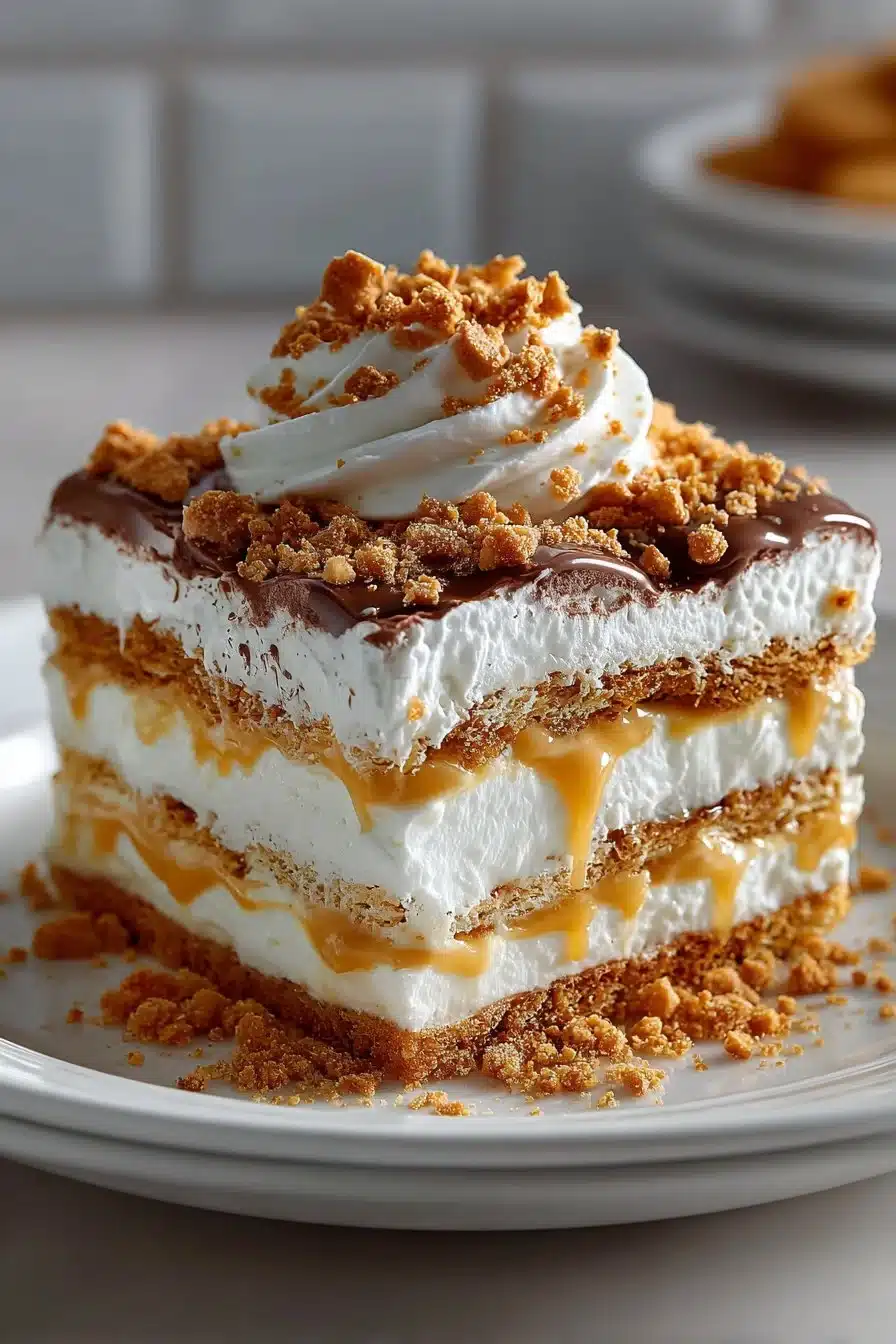 No-bake butterscotch icebox cake layered with creamy pudding and graham crackers