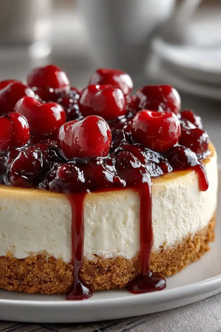 Delicious easy no bake cherry cheesecake topped with fresh cherries