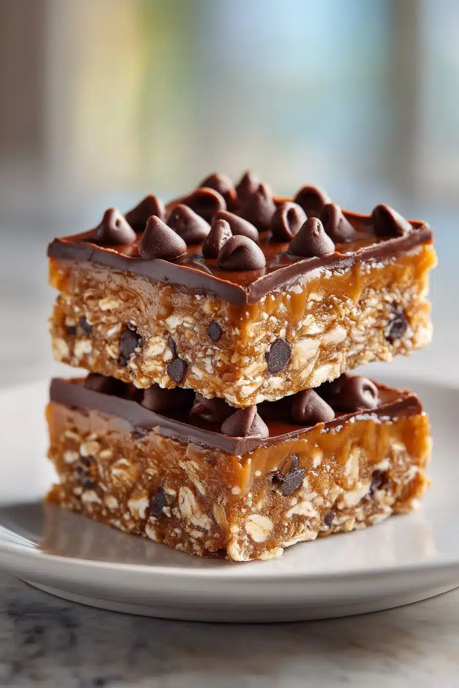 Easy No Bake Chocolate Oatmeal Peanut Butter Bars No bake chocolate oatmeal peanut butter bars stacked on a plate