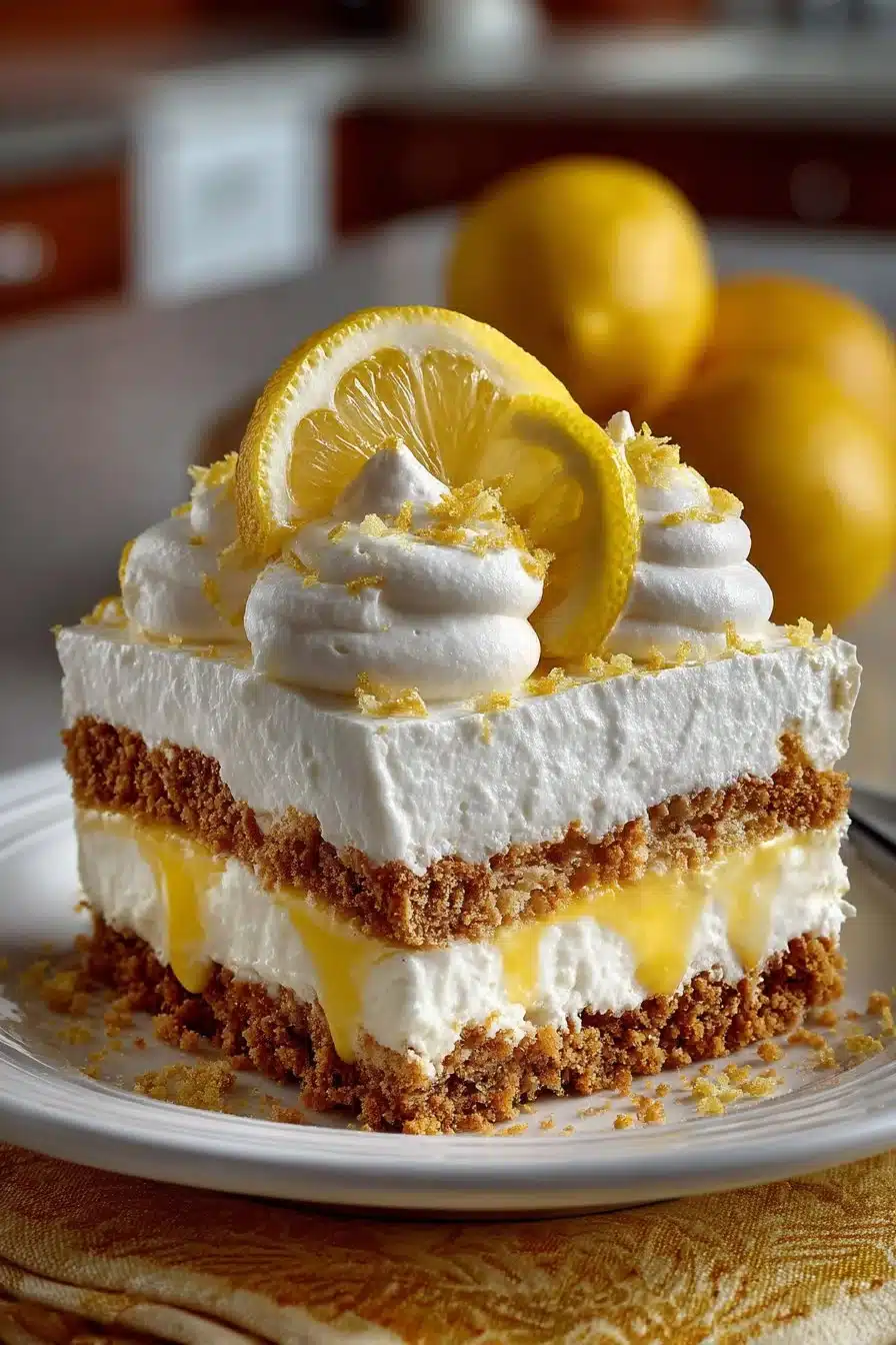 No bake lemon cream cheese icebox cake with fresh lemon slices and whipped cream.
