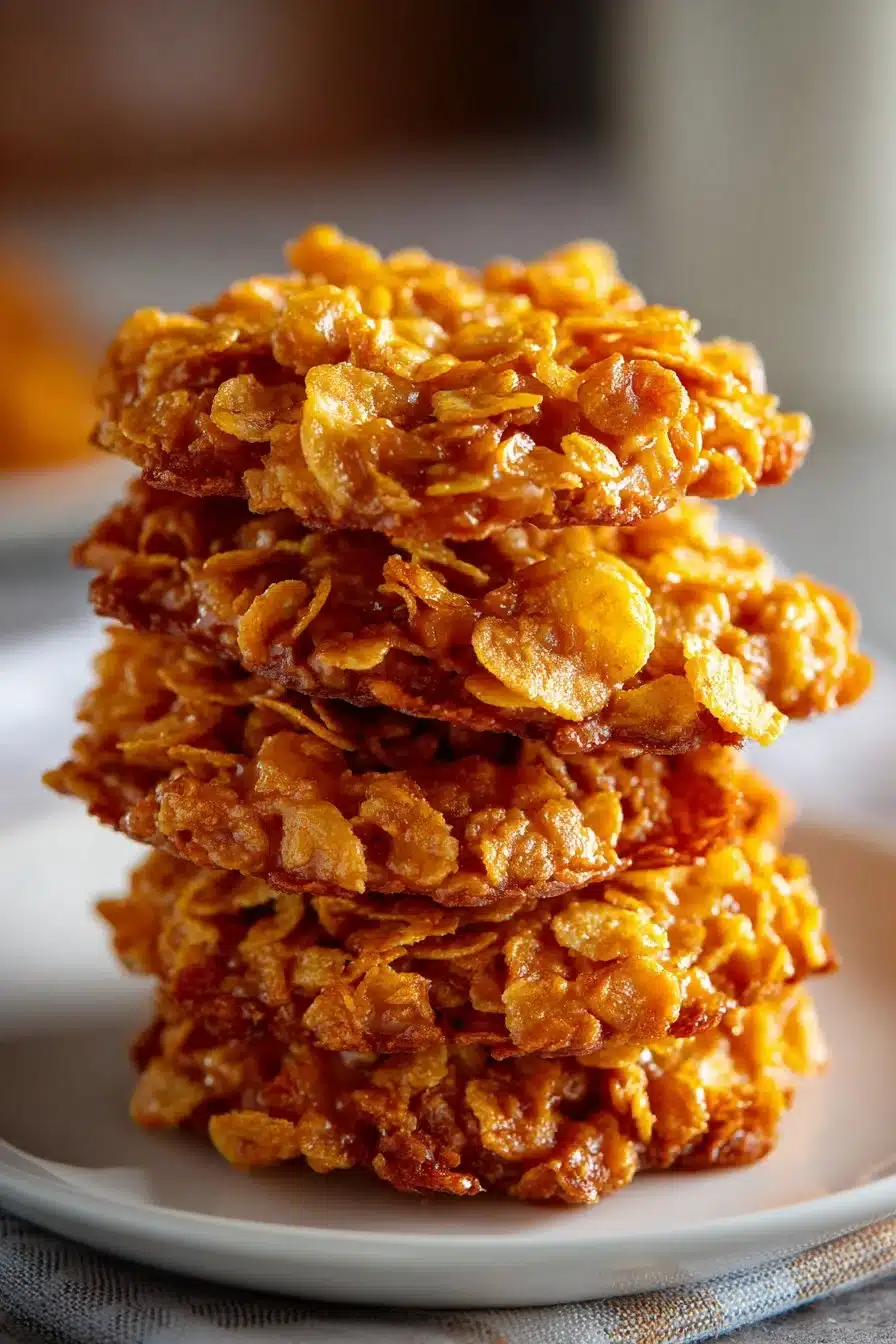 Easy no bake peanut butter cornflake cookies on a plate