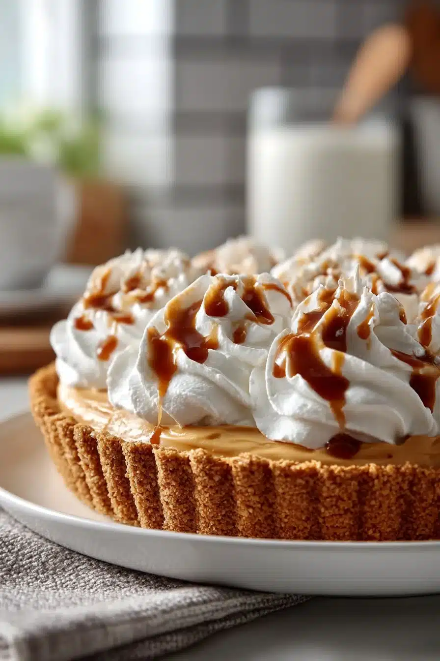 Slice of easy no bake peanut butter pie on a plate with chocolate drizzle.