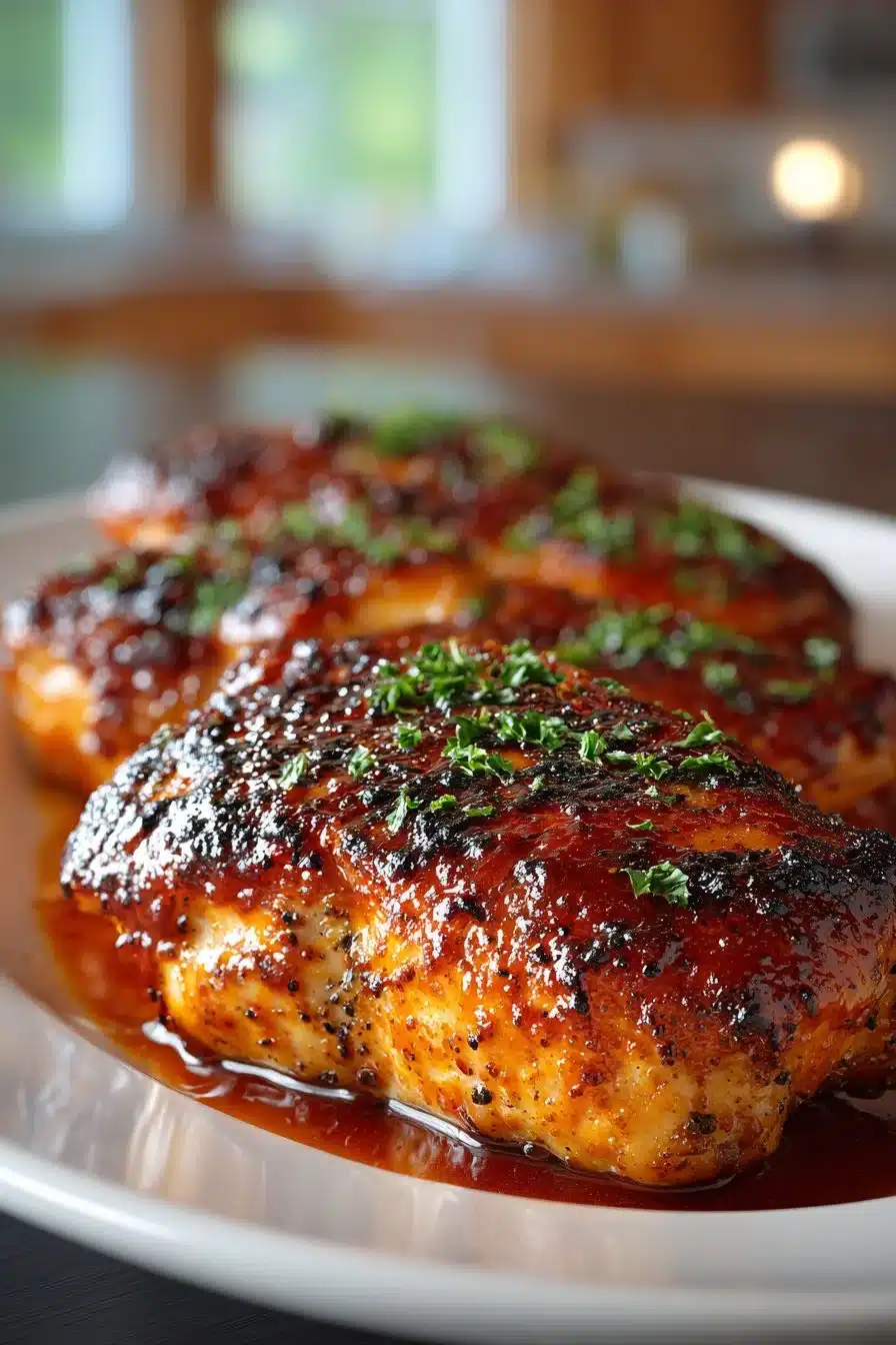 Juicy oven baked barbecue chicken with a sticky glaze served on a plate.
