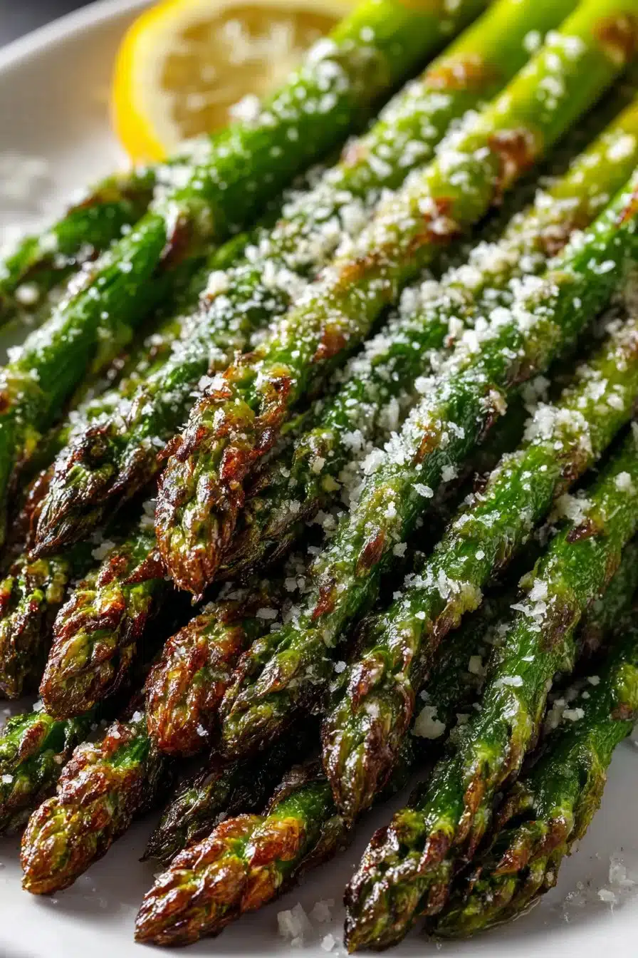 Delicious easy oven baked garlic parmesan asparagus spears on a plate
