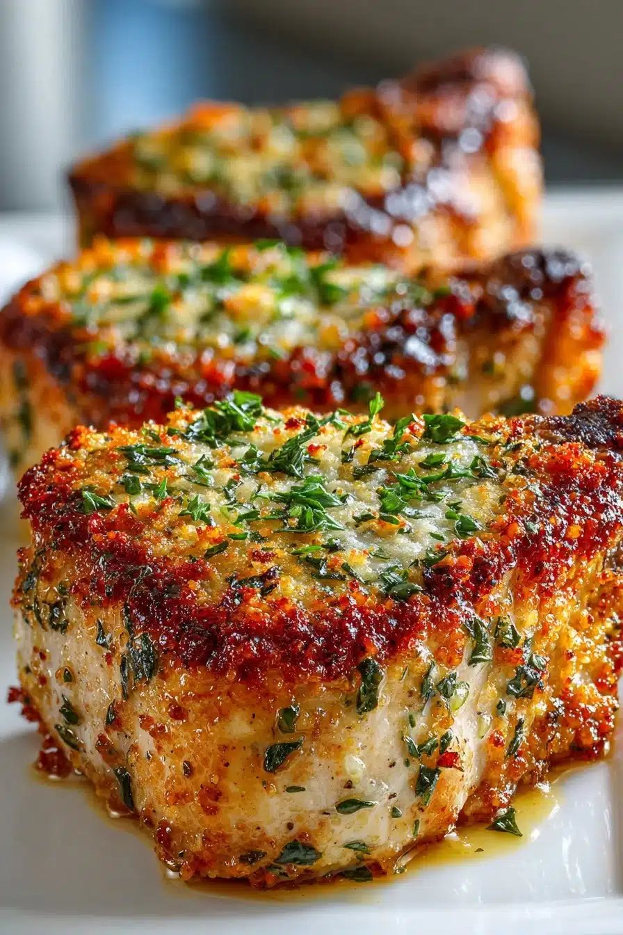 Dish of easy oven baked parmesan crusted pork chops garnished with herbs