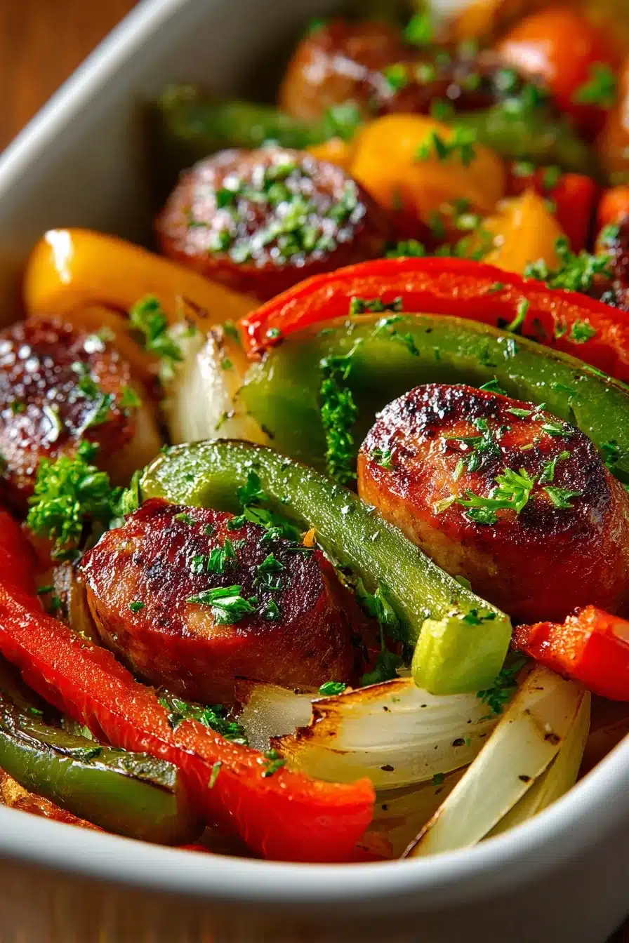 Oven baked sausage and peppers served on a plate with herbs.