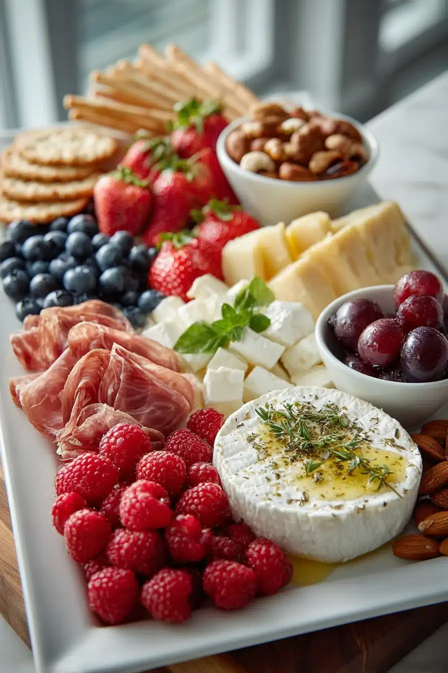 Red, white, and blue appetizer charcuterie board with fruits and cheeses