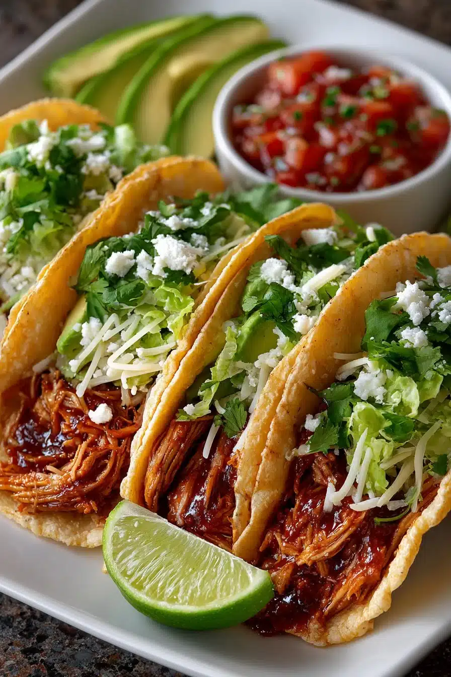 Easy shredded rotisserie chicken tacos topped with fresh ingredients