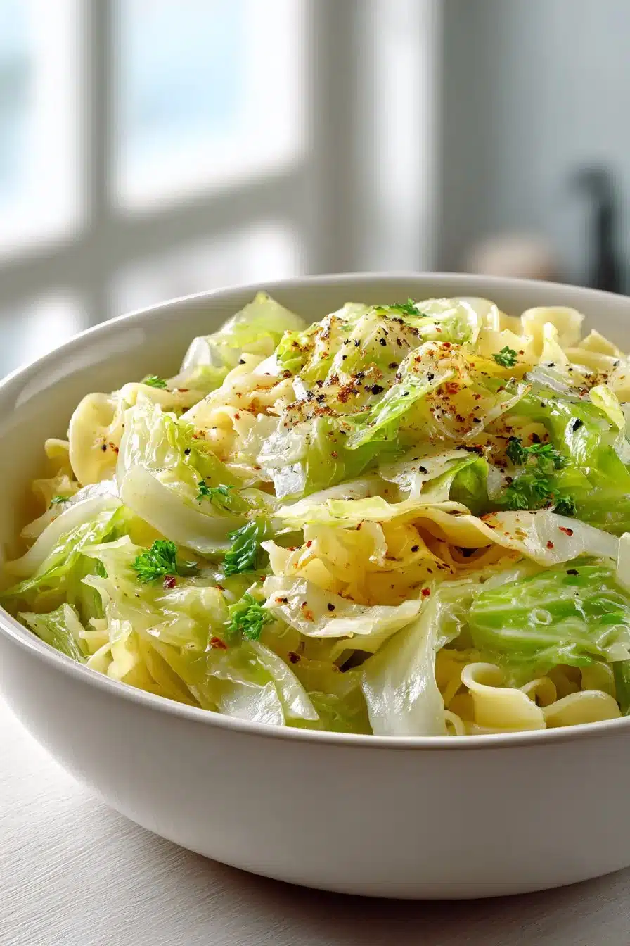 Skillet fried cabbage with egg noodles in a pan, golden and flavorful dish.